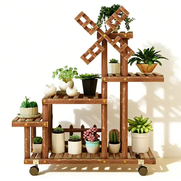 Movable Windmill Solid Wood Plant Stand (Plant not included)